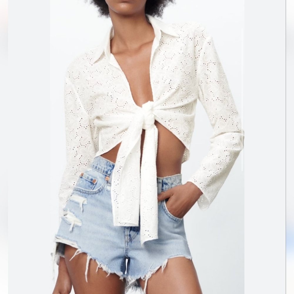 Zara NWT crop blouse eyelet embroidery XS with knot
